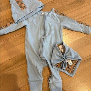 Burberry Blue Baby One Piece with Hat and Scarf Set - 3M